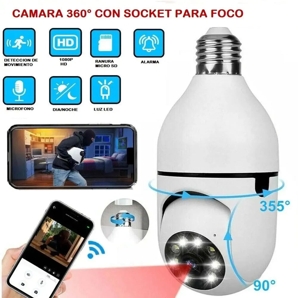 Cámara de seguridad inalámbrica con bombilla Wifi, panorámica 360, Full HD