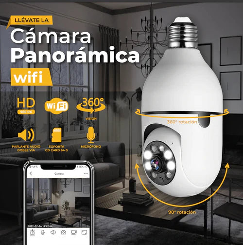 Cámara de seguridad inalámbrica con bombilla Wifi, panorámica 360, Full HD